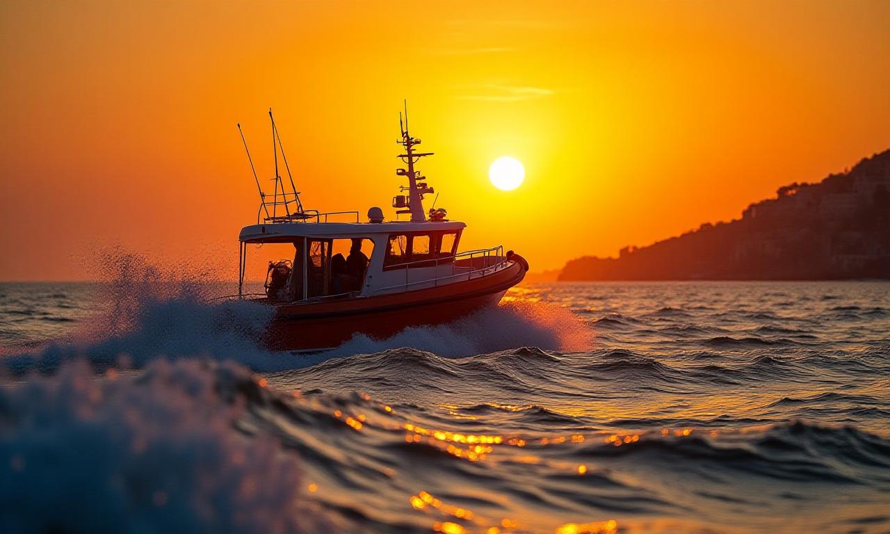 Equipaggio di Orca Angler in navigazione al tramonto